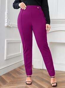 SHEIN Essnce Plus High Waist Seam Detail Trousers - Purple - View 1