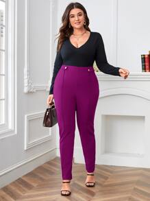 SHEIN Essnce Plus High Waist Seam Detail Trousers - Purple - View 3