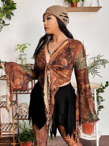 ROMWE PUNK Plus Floral & Paisley Print Knot Front Trumpet Sleeve Mesh Top, School - Multicolor - View 5