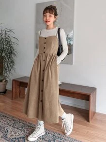 DAZY 斜口袋假鈕扣燈芯絨不帶T恤吊帶洋裝 - 卡其色 - 查看 1