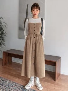 DAZY 斜口袋假鈕扣燈芯絨不帶T恤吊帶洋裝 - 卡其色 - 查看 3