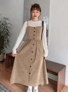 DAZY 斜口袋假鈕扣燈芯絨不帶T恤吊帶洋裝 - 卡其色 - 查看 5