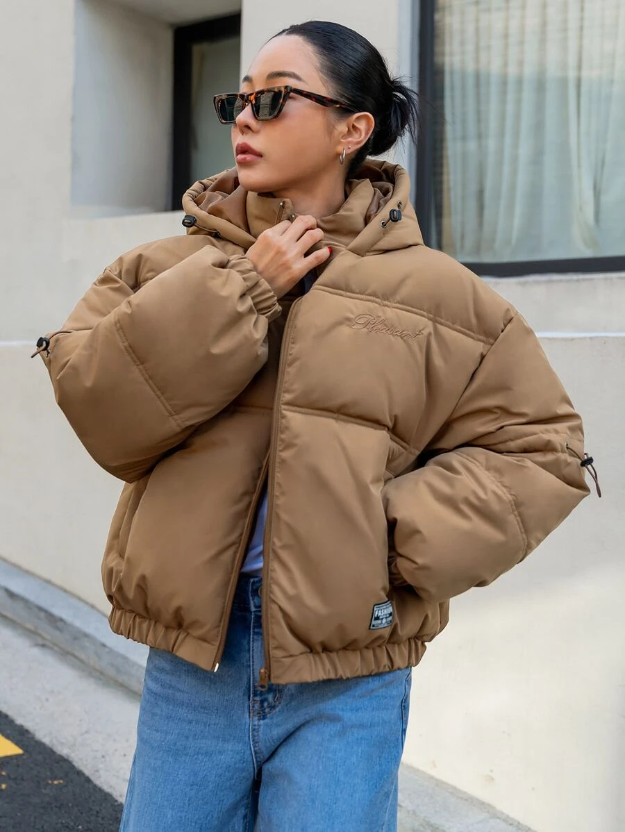 DAZY Solid Zip Up Hooded Padded Coat - Brown - View 1