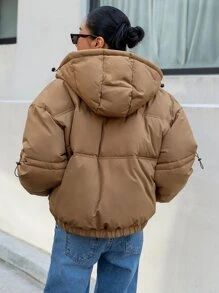 DAZY Solid Zip Up Hooded Padded Coat - Brown - View 2