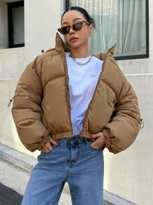 DAZY Solid Zip Up Hooded Padded Coat - Brown - View 3