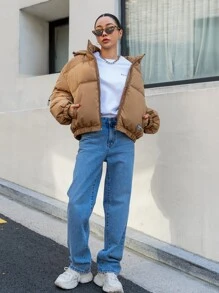 DAZY Solid Zip Up Hooded Padded Coat - Brown - View 4