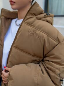 DAZY Solid Zip Up Hooded Padded Coat - Brown - View 6