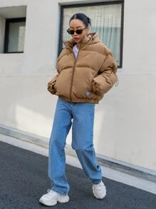 DAZY Solid Zip Up Hooded Padded Coat - Brown - View 7