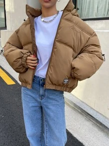 DAZY Solid Zip Up Hooded Padded Coat - Brown - View 8