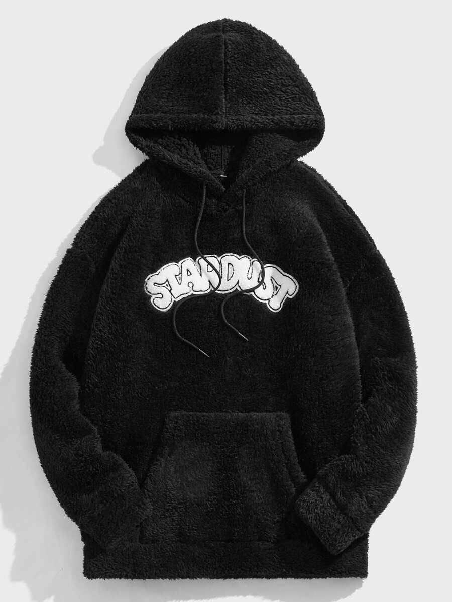 Chillumni 鬆身男士字母圖形袋鼠口袋束口軟毛絨帽衫 - 黑色 - 查看 1