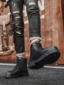 Men Side Zip Lace-up Front Combat Boots - Black - View 2