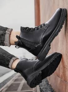 Men Side Zip Lace-up Front Combat Boots - Black - View 3