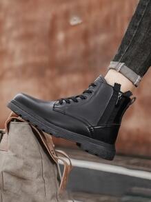 Men Side Zip Lace-up Front Combat Boots - Black - View 4