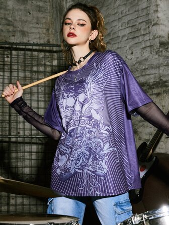 Skull Floral & Striped Print Drop Shoulder Tee