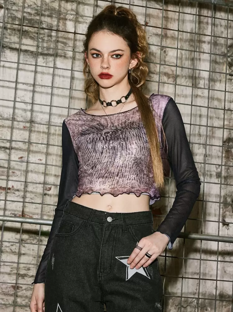 Skull Wings Print Contrast Sleeve Lettuce Trim Crop Top - Multicolor - View 1