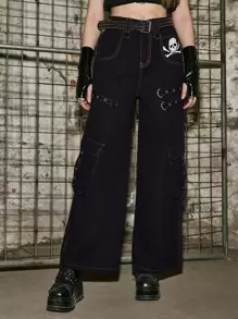 ROMWE Skull Graphic Flap Pocket Jeans - Black - View 1