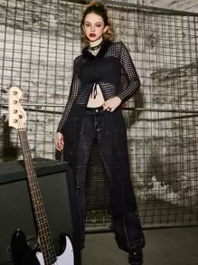 ROMWE 前繫帶長款開衫 - 黑色 - 查看 1