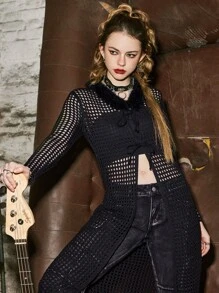 ROMWE 前繫帶長款開衫 - 黑色 - 查看 3