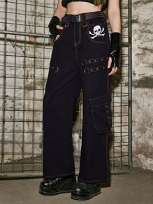 ROMWE Skull Graphic Flap Pocket Jeans - Black - View 4