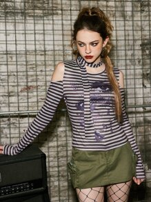ROMWE Áo thun nữ Cắt ra Con số Sọc Giải trí - Nhiều màu - Xem 3