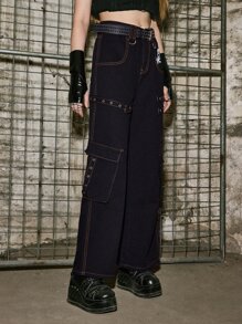 ROMWE Skull Graphic Flap Pocket Jeans - Black - View 5