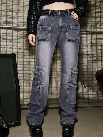 Grunge Punk Flap Pocket Cargo Jeans