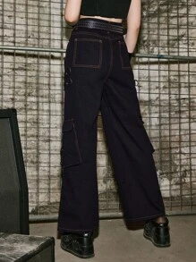 ROMWE Skull Graphic Flap Pocket Jeans - Black - View 6