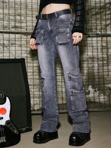 ROMWE Grunge Punk Flap Pocket Cargo Jeans - Black - View 2