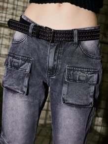 ROMWE Grunge Punk Flap Pocket Cargo Jeans - Black - View 3