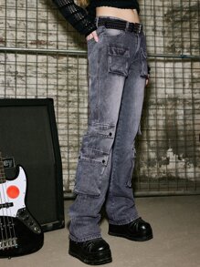 ROMWE Grunge Punk Flap Pocket Cargo Jeans - Black - View 4