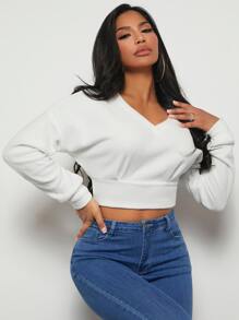 SHEIN SXY Solid Drop Shoulder Crop Sweatshirt - White - View 1