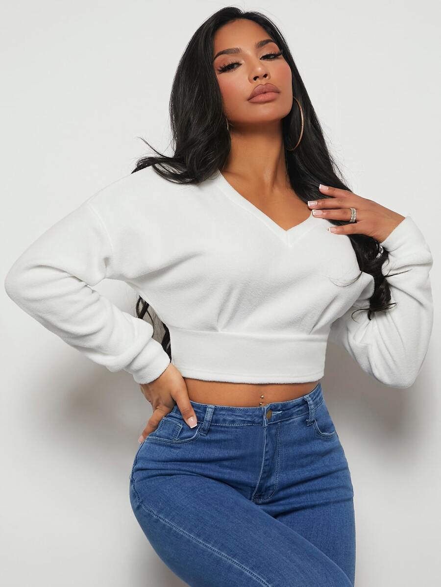 SHEIN SXY Solid Drop Shoulder Crop Sweatshirt - White - View 1