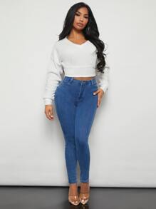 SHEIN SXY Solid Drop Shoulder Crop Sweatshirt - White - View 3