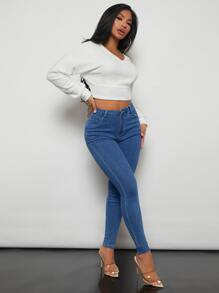 SHEIN SXY Solid Drop Shoulder Crop Sweatshirt - White - View 5