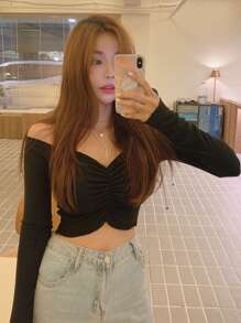 DAZY Solid Ruched Bardot Crop Top - Black - View 1