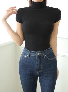 DAZY Solid High Neck Tee - Black - View 1