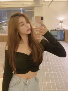 DAZY Solid Ruched Bardot Crop Top - Black - View 3