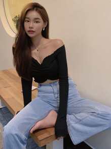 DAZY Solid Ruched Bardot Crop Top - Black - View 4