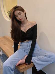 DAZY Solid Ruched Bardot Crop Top - Black - View 5