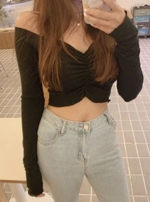 DAZY Solid Ruched Bardot Crop Top - Black - View 6