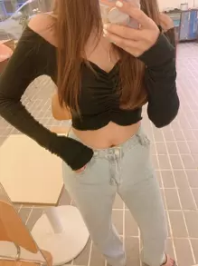 DAZY Solid Ruched Bardot Crop Top - Black - View 7