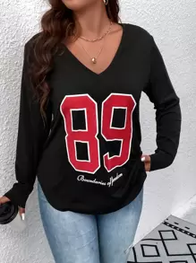 SHEIN LUNE Plus Letter Graphic V Neck Tee - Black - View 1