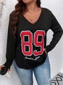 SHEIN LUNE Plus Letter Graphic V Neck Tee - Black - View 3