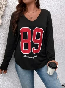 SHEIN LUNE Plus Letter Graphic V Neck Tee - Black - View 4