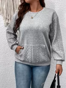 SHEIN LUNE Áo nỉ Plus Size Túi màu trơn Giải trí - Màu Xám nhạt - Xem 4