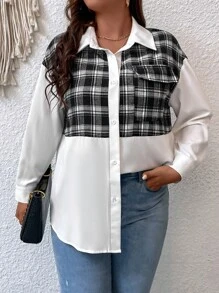SHEIN LUNE Plus Plaid Print Drop Shoulder Shirt - Black and White - View 3