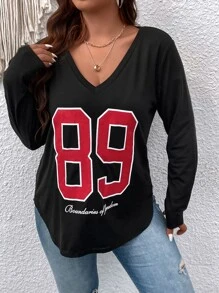 SHEIN LUNE Plus Letter Graphic V Neck Tee - Black - View 6