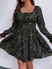 SHEIN Clasi Plus Galaxy Print Flounce Sleeve Dress