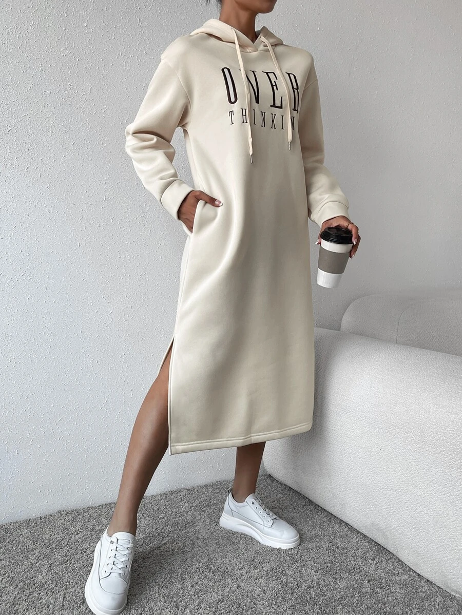 SHEIN Essnce Letter Graphic Split Hem Drawstring Hoodie Dress - Apricot - View 1