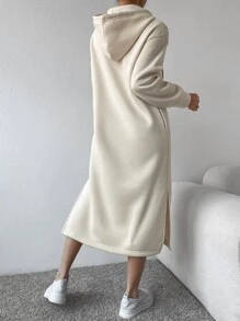 SHEIN Essnce Letter Graphic Split Hem Drawstring Hoodie Dress - Apricot - View 2